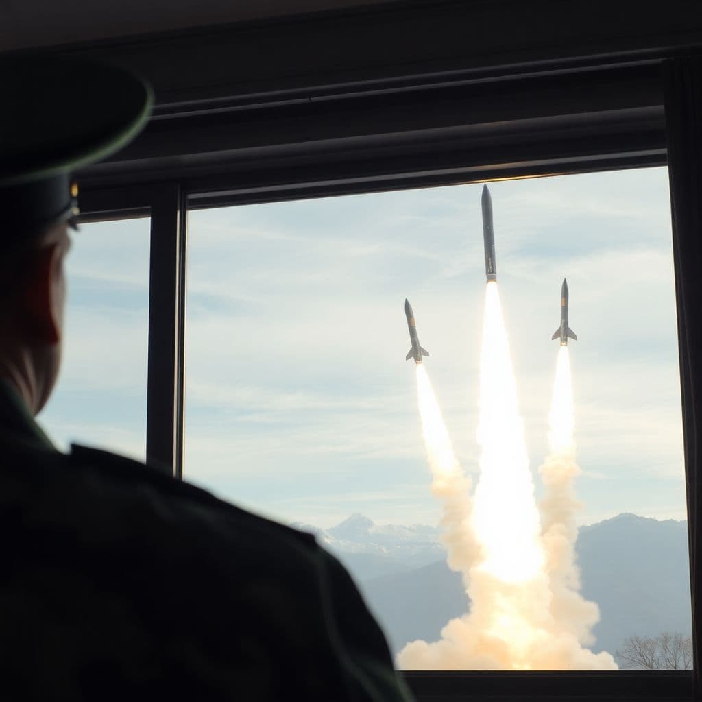 AI generated: The camera zooms in from behind the army general towards the window, showing the sky as 4 ballistic ...