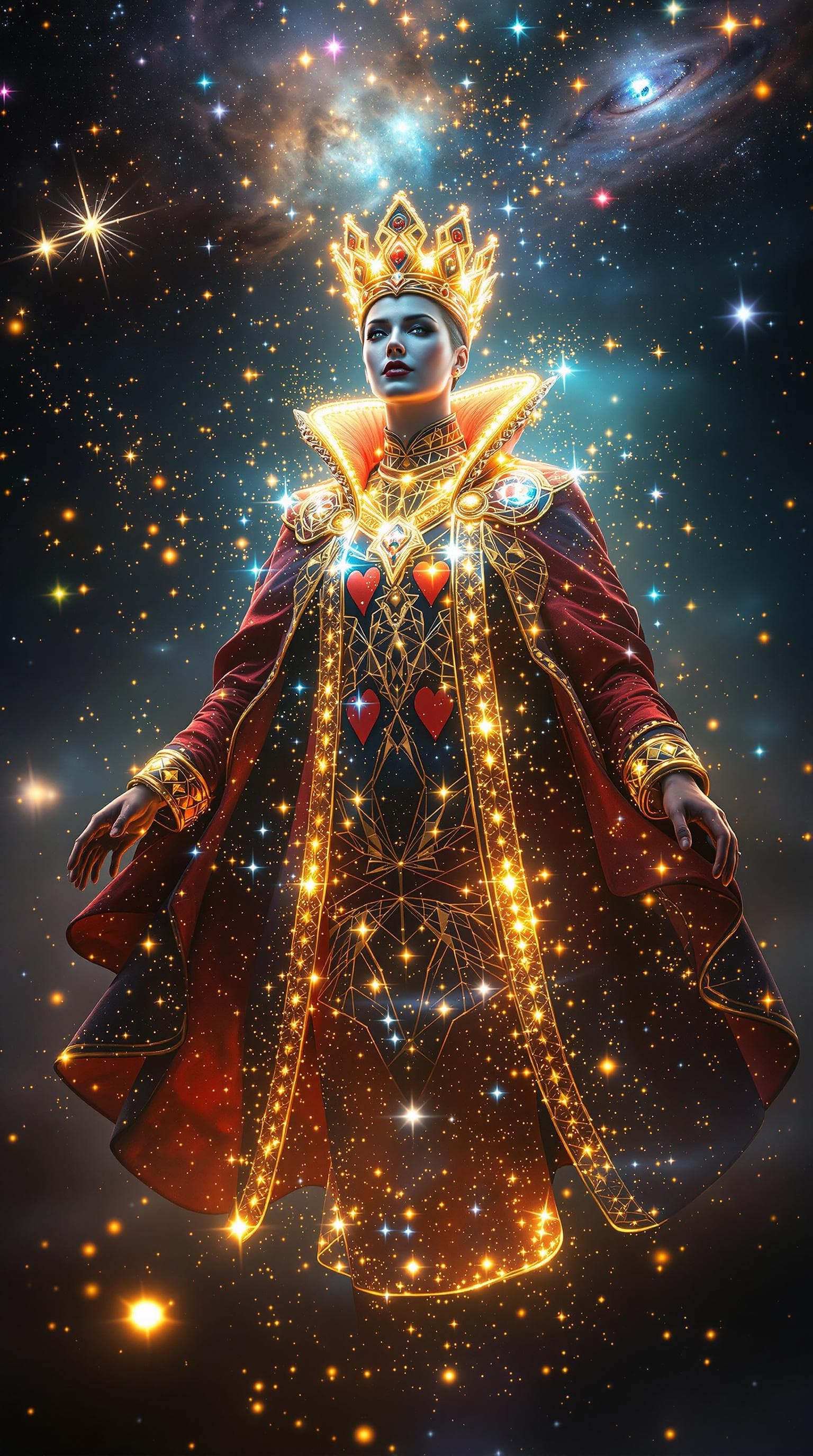 AI generated: Half body potrait shot, 12K, UHD, The Queen of Hearts card transforms into a 3D hologram that appear...