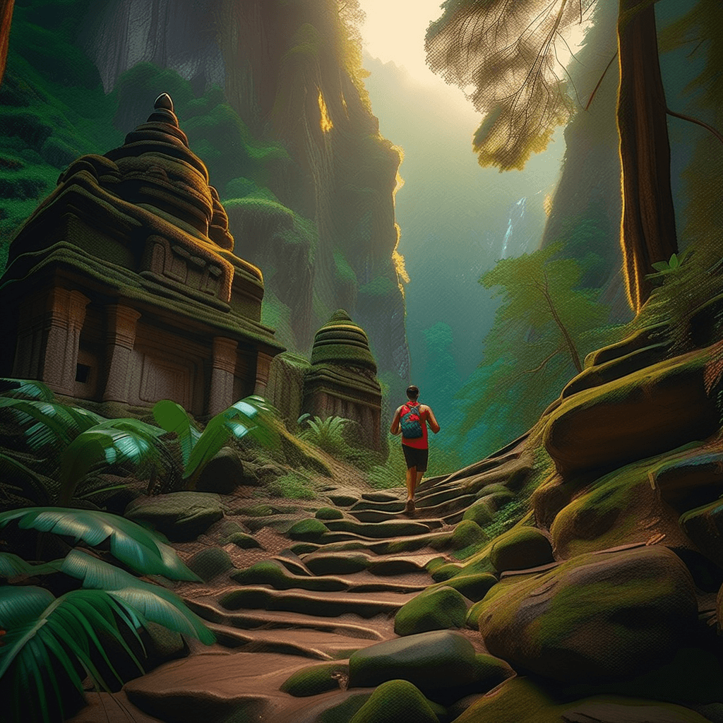 AI generated: ((photo realistic)) Indiana Jones (Running away from a giant stone bolder) in an (((ancient hidden t...