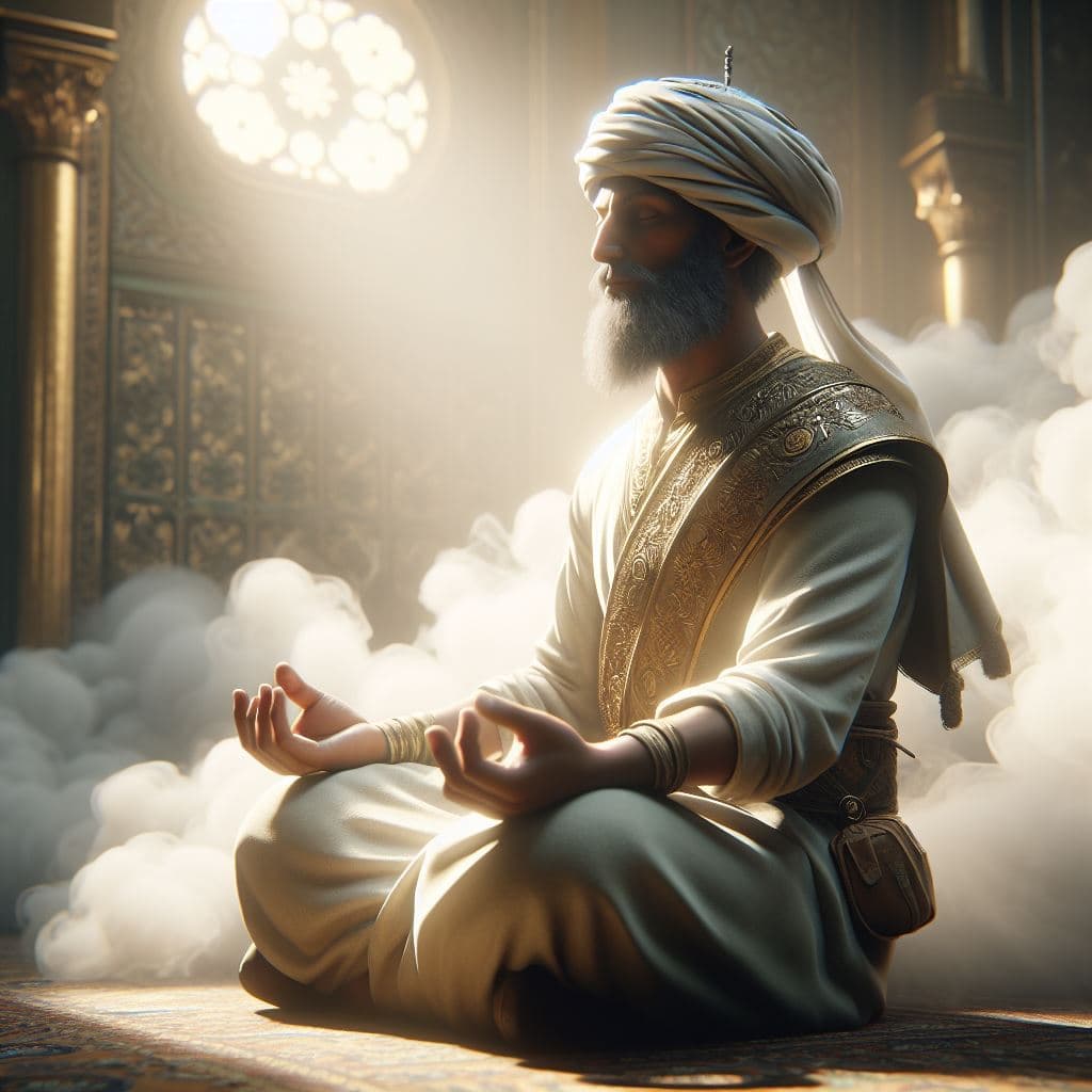 AI generated: Hyper-realistic character design of a peaceful saladin, surrounded by serene smoke, rendered with Oc...