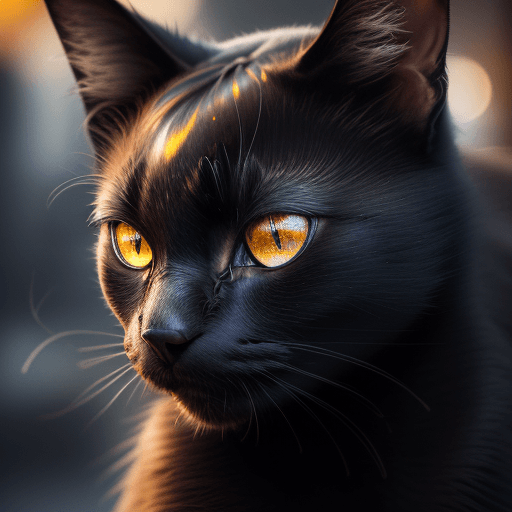 AI generated:  Portrait photo of black cat with fill of lightening colors, fierce eyes, light bokeh, intricate, (s...