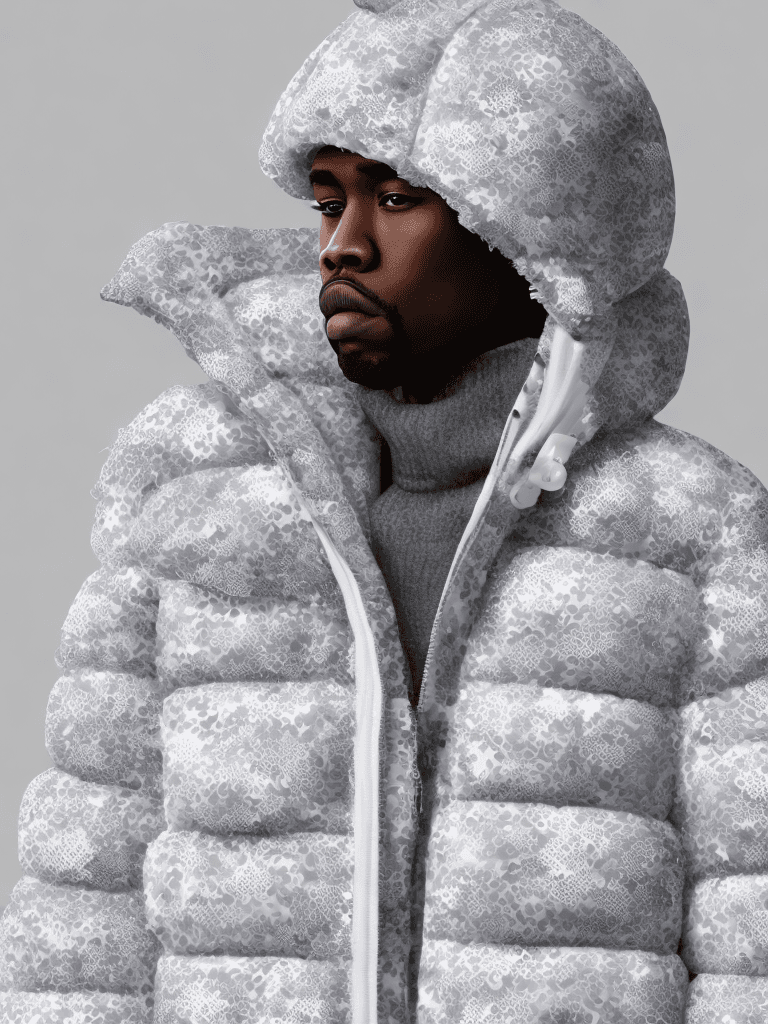 AI generated: milky Fubu winter puffer jacket, design trend, design by kanye west, on a white background, octane, ...