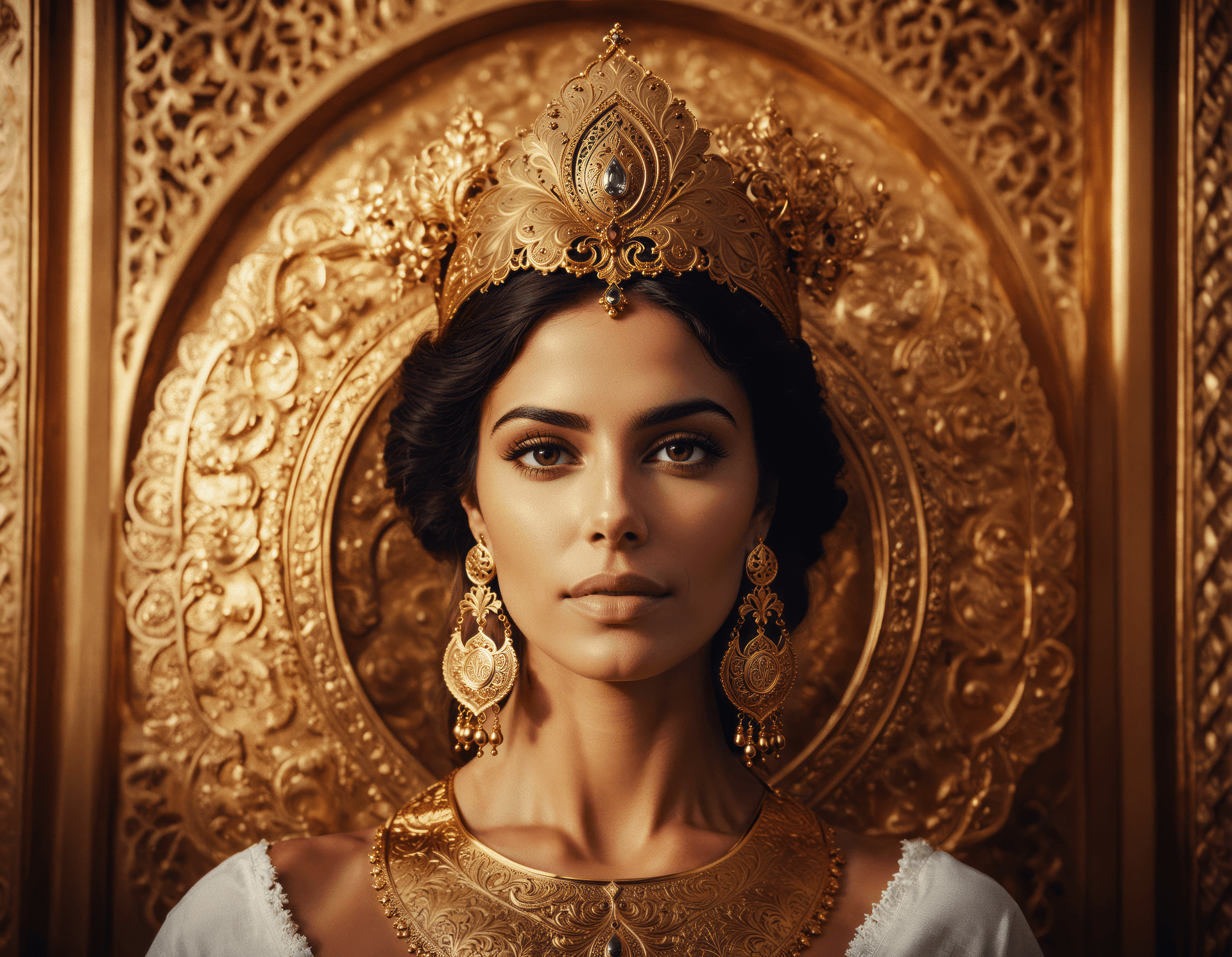 AI generated: arabic calendar model face in front of a huge Golden baroque doort, calendar shoot, hasselblad photo...