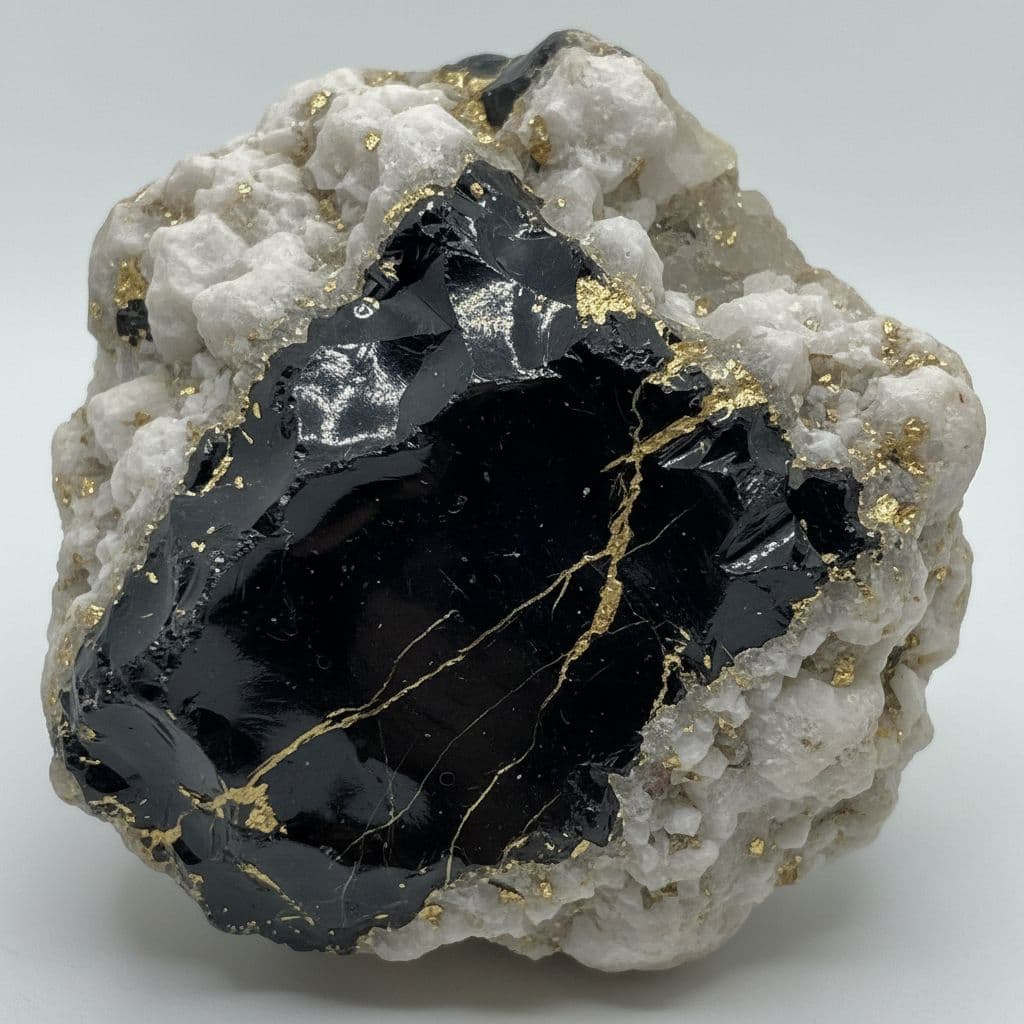 AI generated: Obsidian dark crystal mixed with white stone and flakes of gold running throughout it 