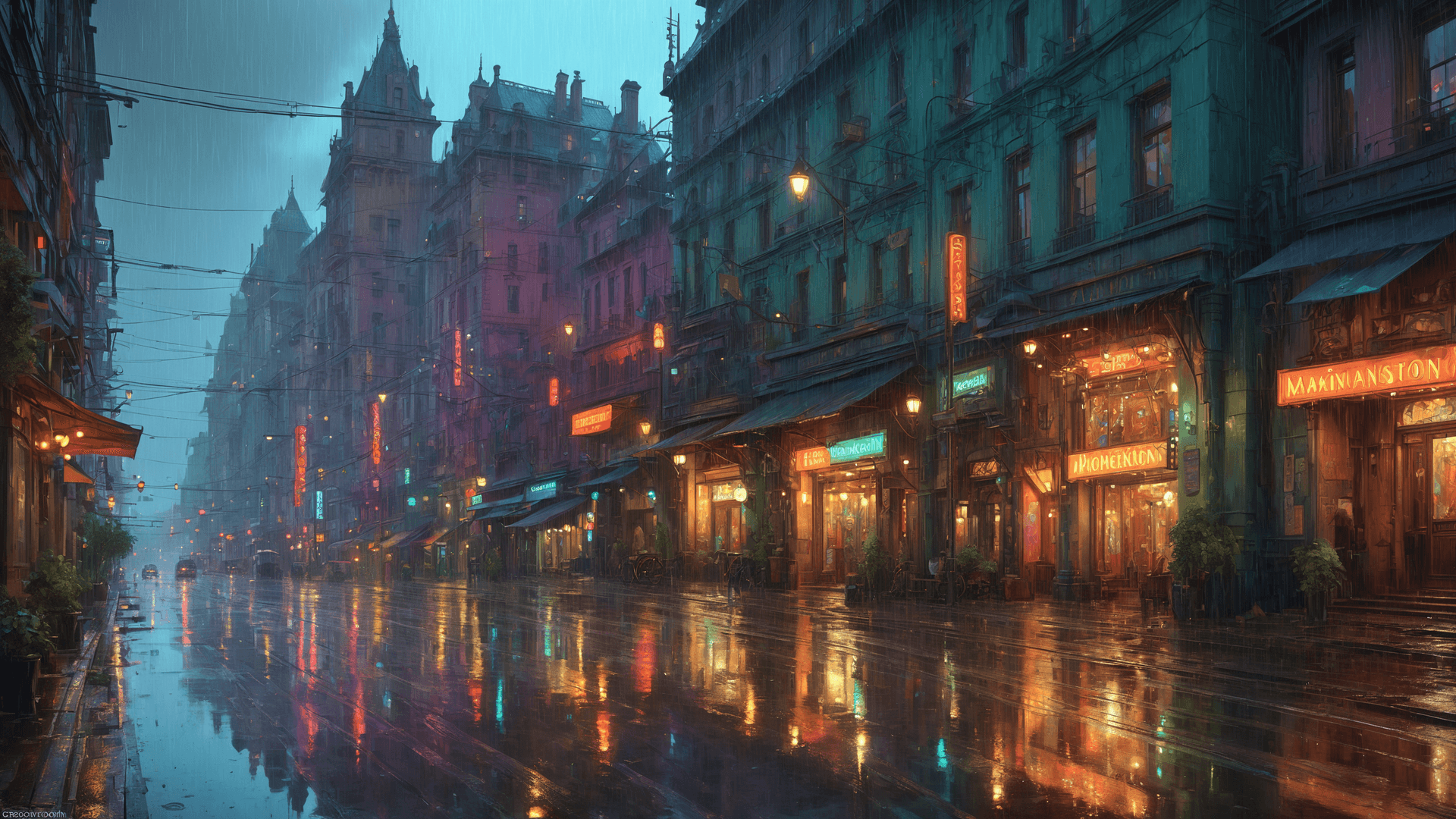 AI generated: road, buildings, colorful lights, raining, rain, reflections a fantasy digital painting, artstation,...
