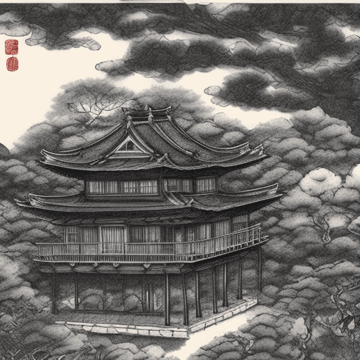 AI generated: a Japanese ink drawing of a beautiful two-story house in medieval style with cinematic lighting, aer...