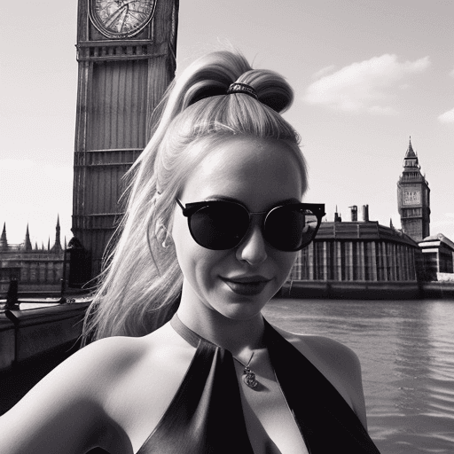 AI generated: instagram photo hyper realistic of Karen, a tall blonde looking at big ben London, wearing a designe...
