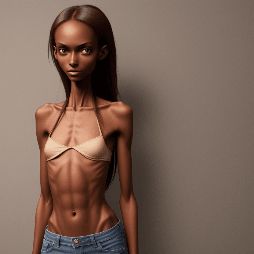 AI generated: extreme skinny brown skinned slender face of skinny (almost anorexic) girl - without bra