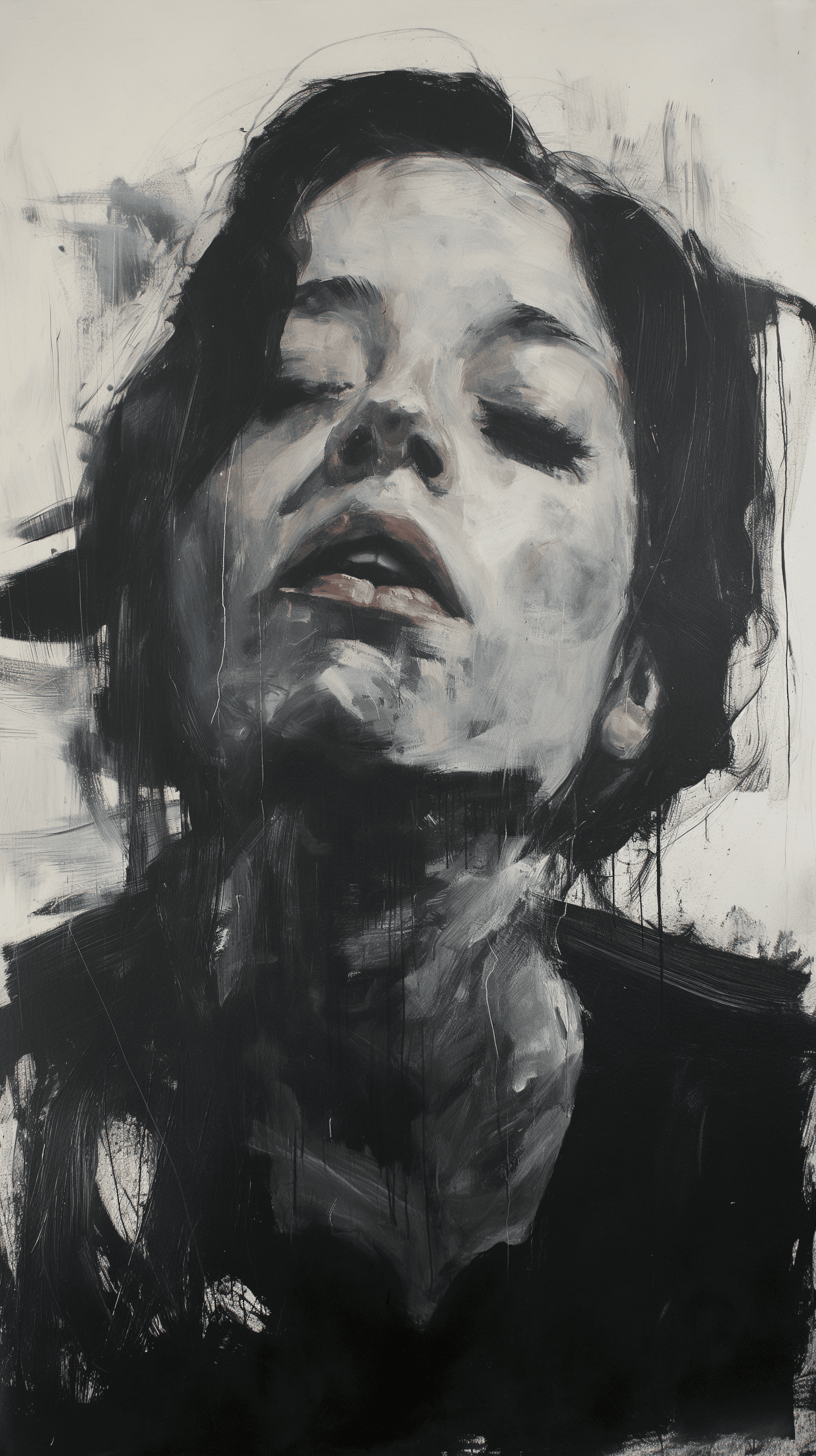 AI generated: portrait, woman, oil painting, grainy painting, profound gaze, minimalist avant-garde drawing, many ...