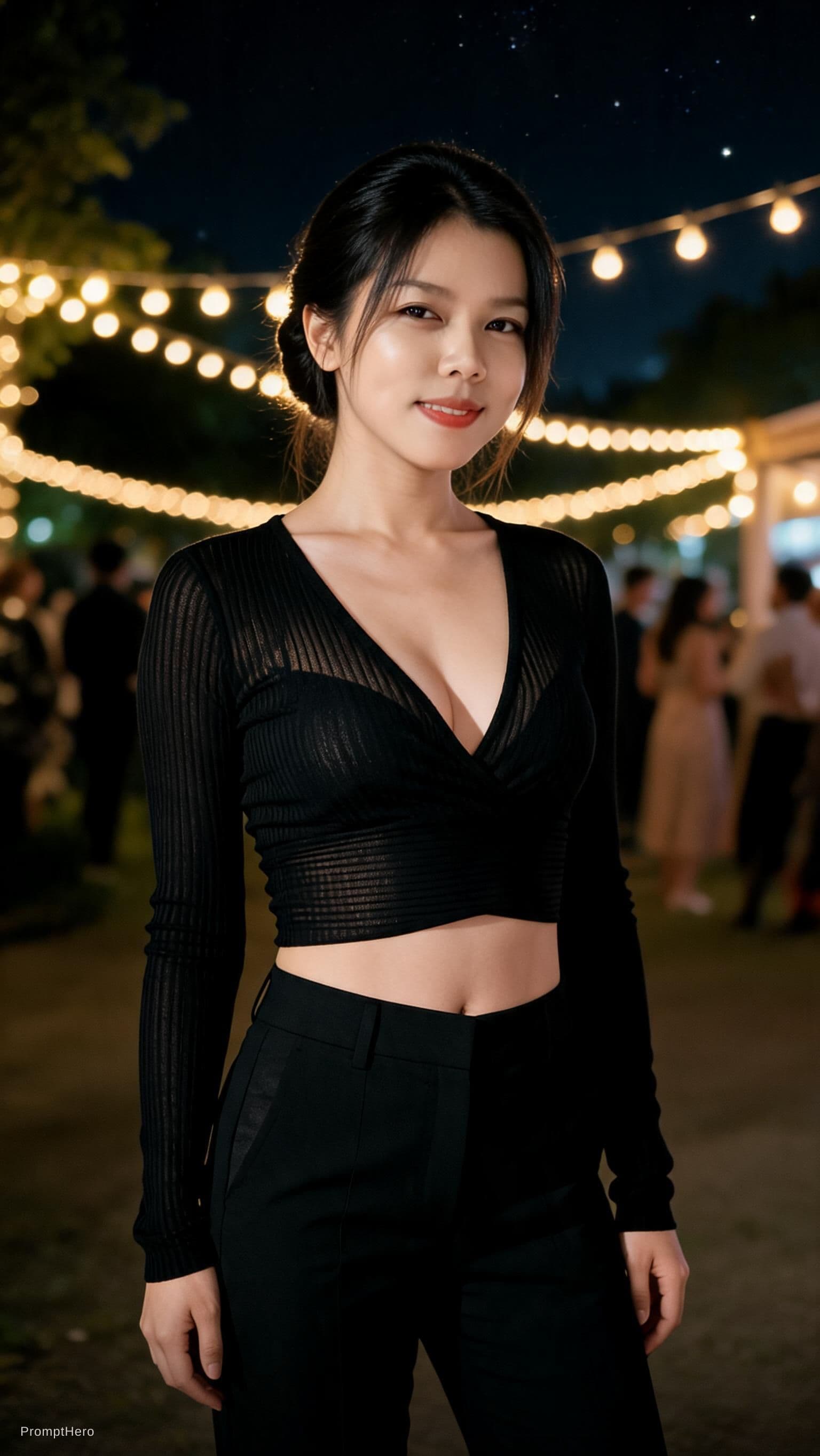 AI generated: A photorealistic, full-length cinematic portrait of a woman standing at an outdoor party at night, c...