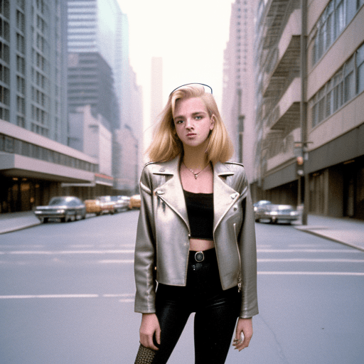 AI generated: Street style photo of a grunge style woman in the streets of 1990 Manhattan standing in front of a s...
