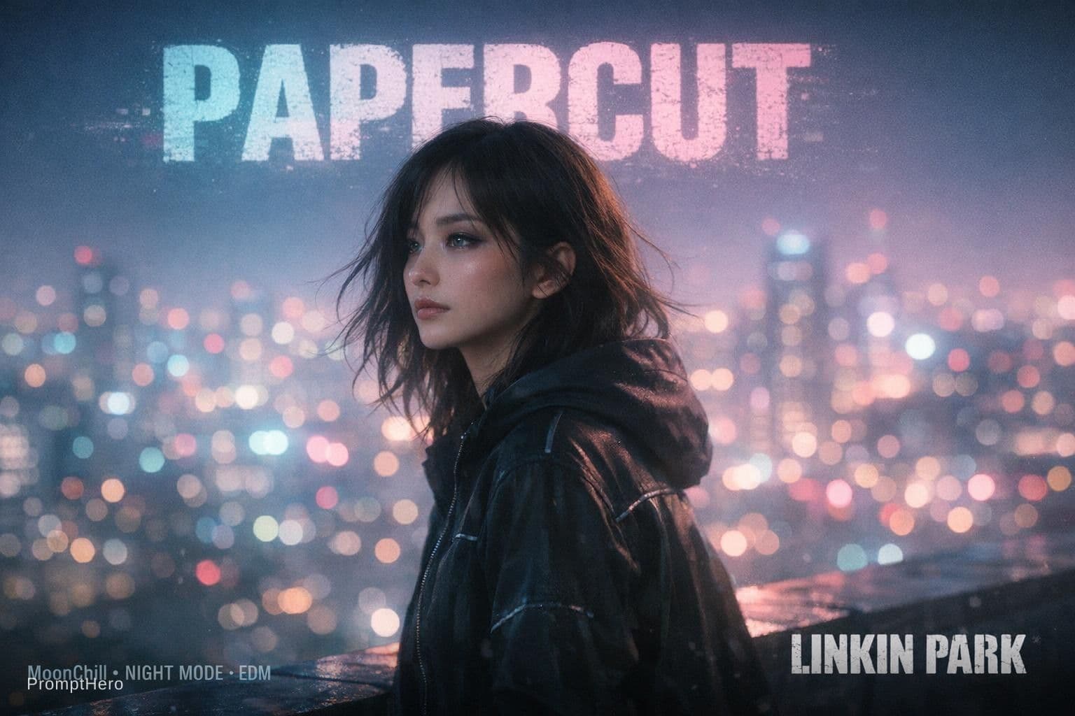 AI generated: { "meta": { "aesthetic_goal": "Ultra Realistic Cinematic Music Cover / Soft Cyberpunk Pastel", "vibe...