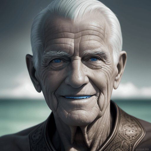 AI generated: photograph close up portrait 85-year-old Aqua man, clean shaven, kindly smiling at camera, stoic cin...