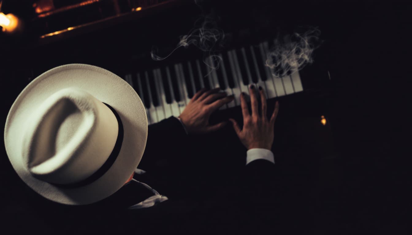 AI generated: portrait capturing the essence of a pianist with white hat from an overhead perspective smoking a ci...