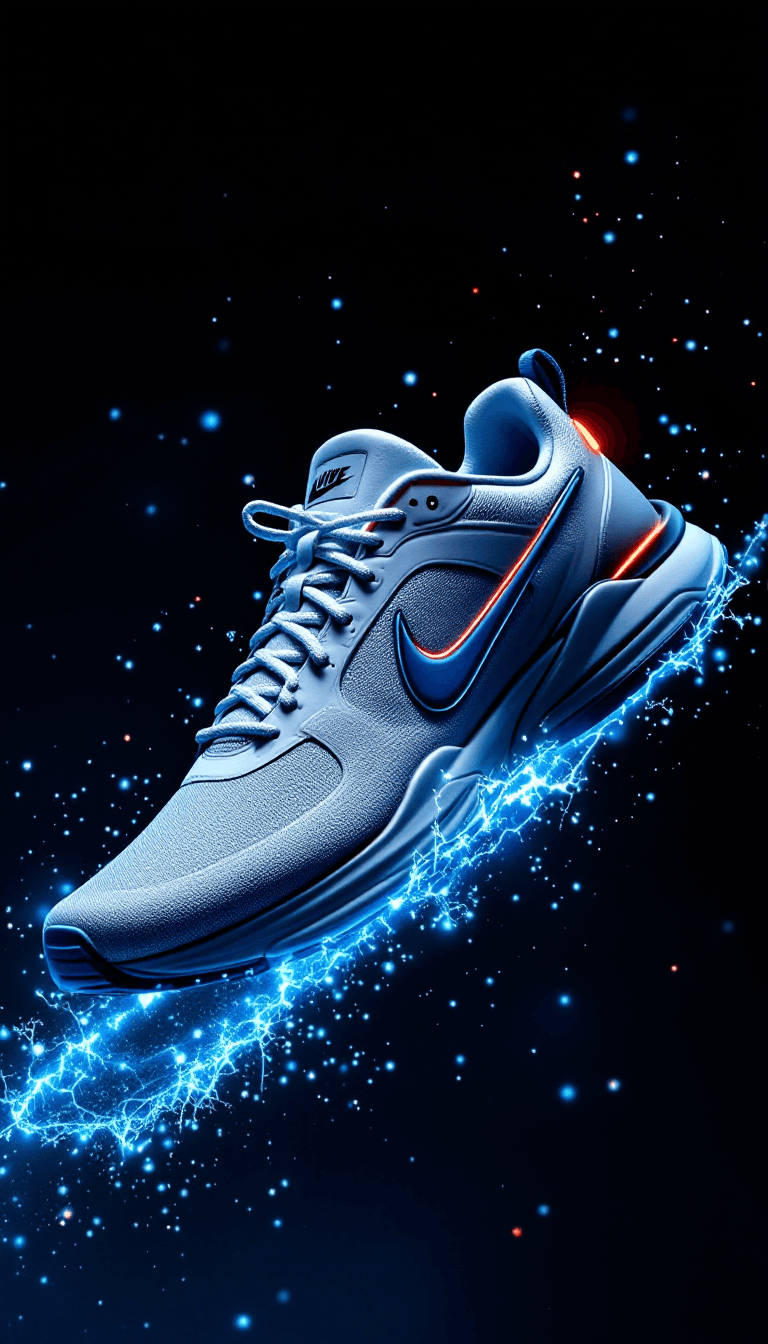 AI generated: Premium Nike sneaker with subtle blue energy whisps around edges, initial particle formation, luxury...
