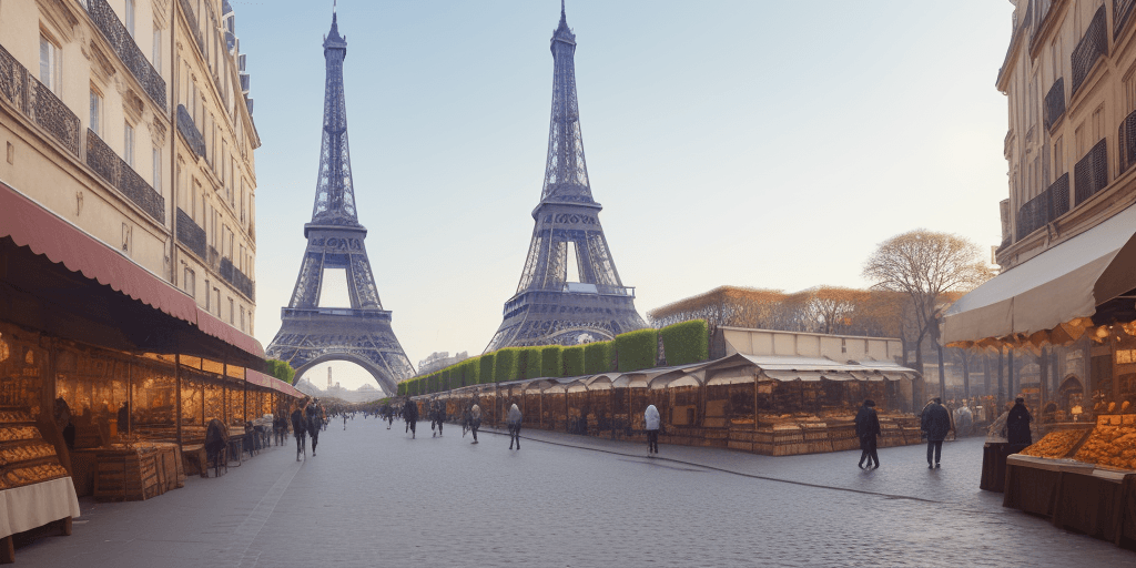 AI generated: street with a marketplace on either side and eiffel tower in the background far away 