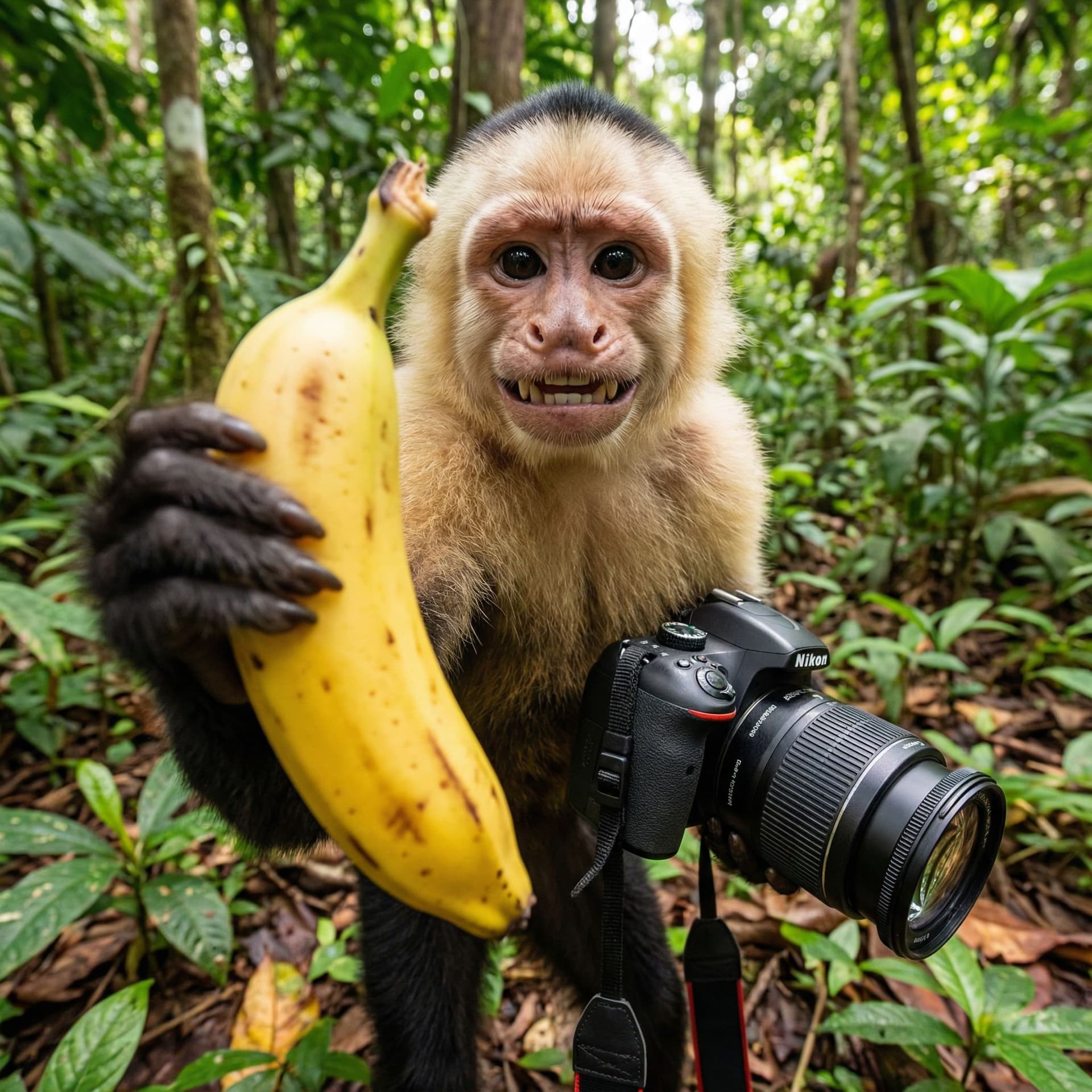 AI generated: a monkey showing a banana to the camera
