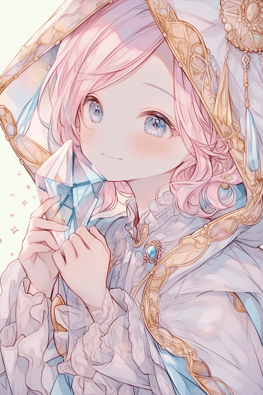 AI generated: Eye-level Shot of an anime magical creature with pastel pink hair wearing a crystal-blue and silver ...