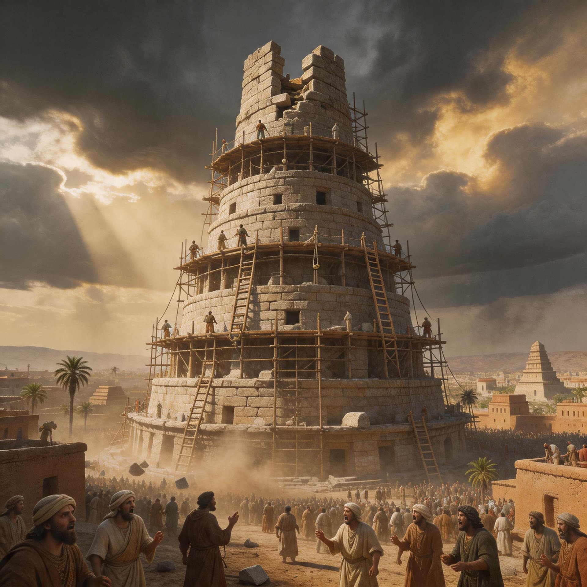 AI generated: the Tower of Babel rising over an ancient city, unfinished massive stone structure, scaffolding, wor...