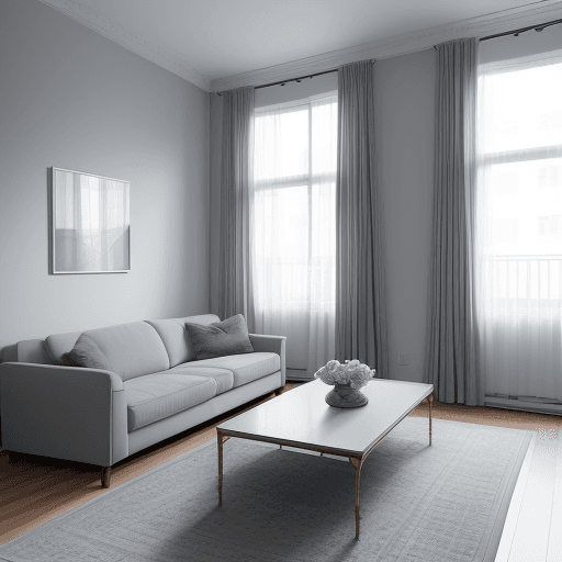 AI generated: Photograph apartment living room, soft light of dusk, all complemented by a unified color scheme of ...
