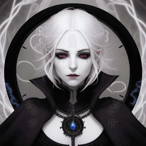 AI generated: shadar kai female, clockwork soul sorcerer, white hair, black eyes, pale skin