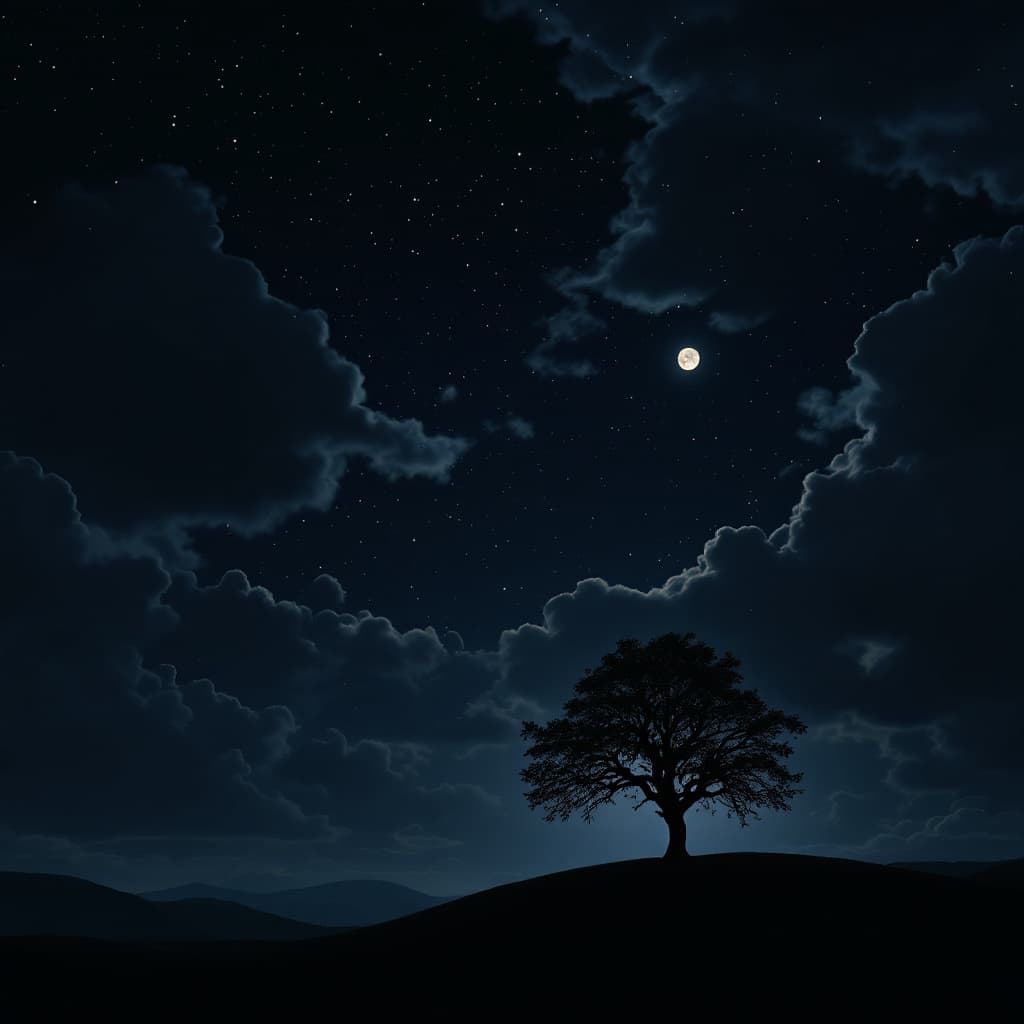 AI generated: A dark night with faint stars showing between many clouds, a full moon illuminating a single tree on...