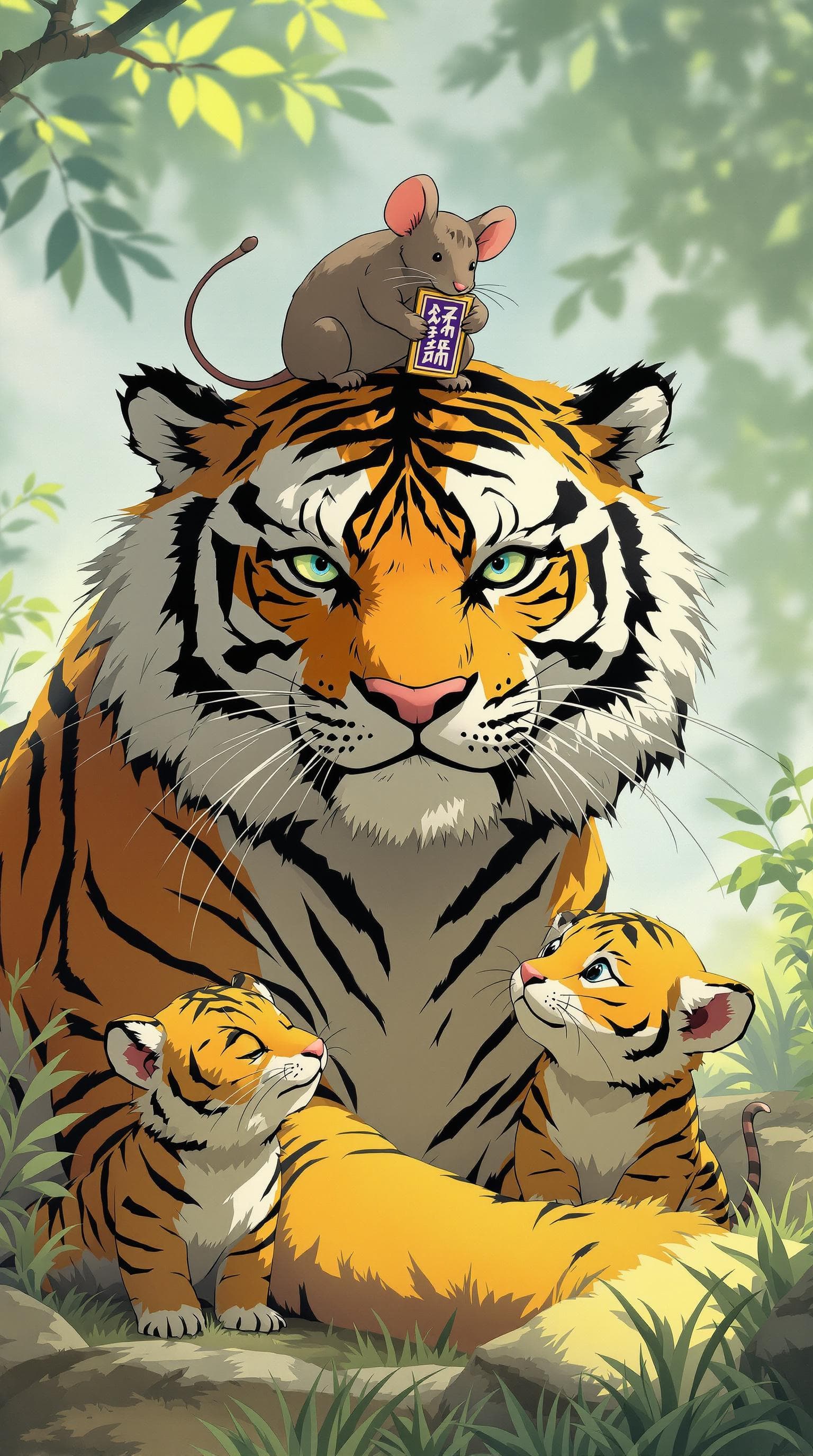 AI generated: a tiger and two tiger cubs, and a oversized mouse ,with a mouse on the tiger's head, the mouse holdi...