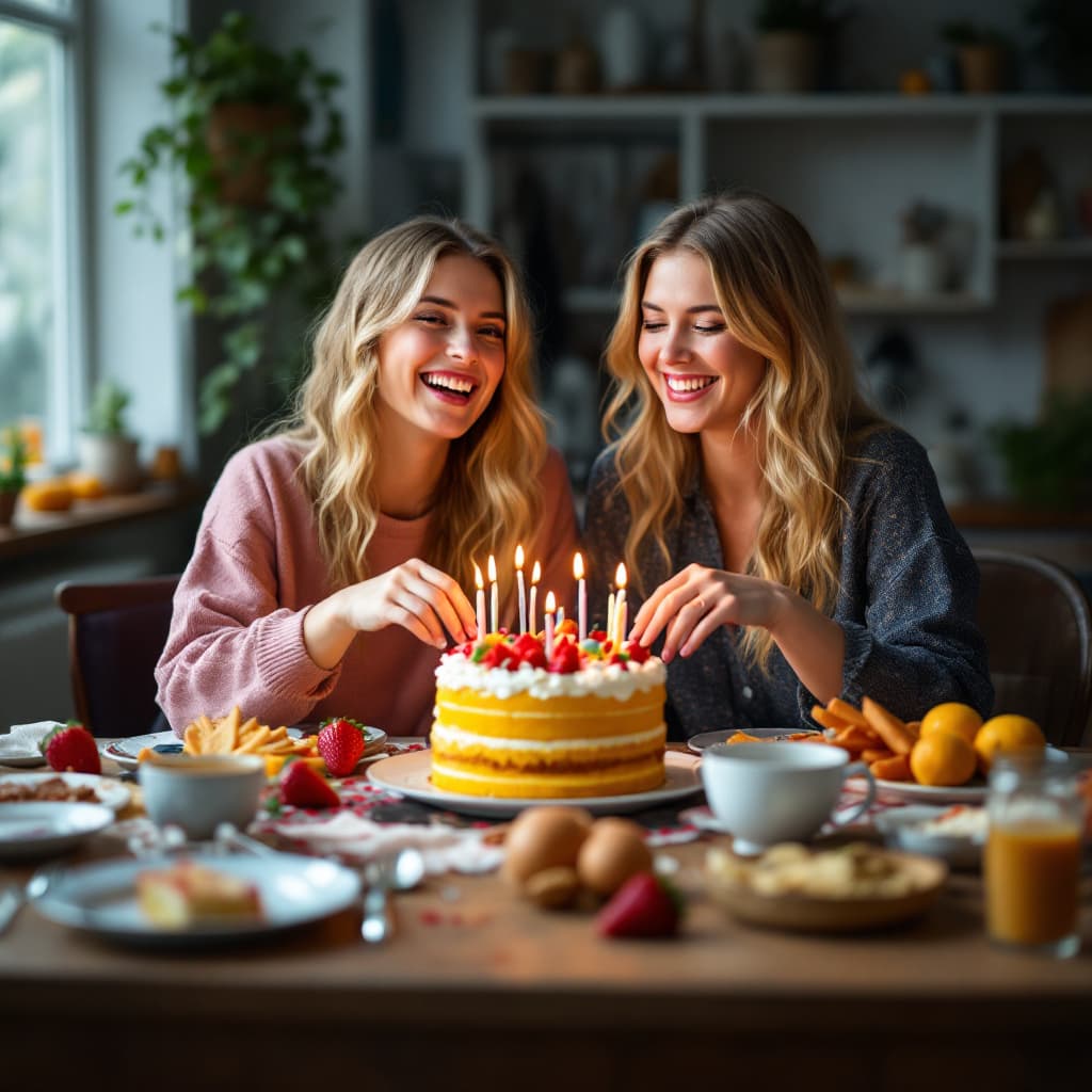 AI generated: two female friends, both blond and german, celebrating birthday over a massive breakfast with lots o...