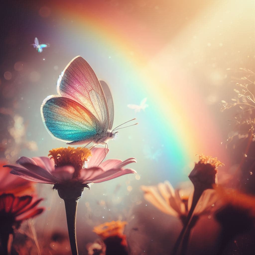 AI generated: A colorful rainbow butterfly on a flower, f:1.2,4k, soft sun lighting