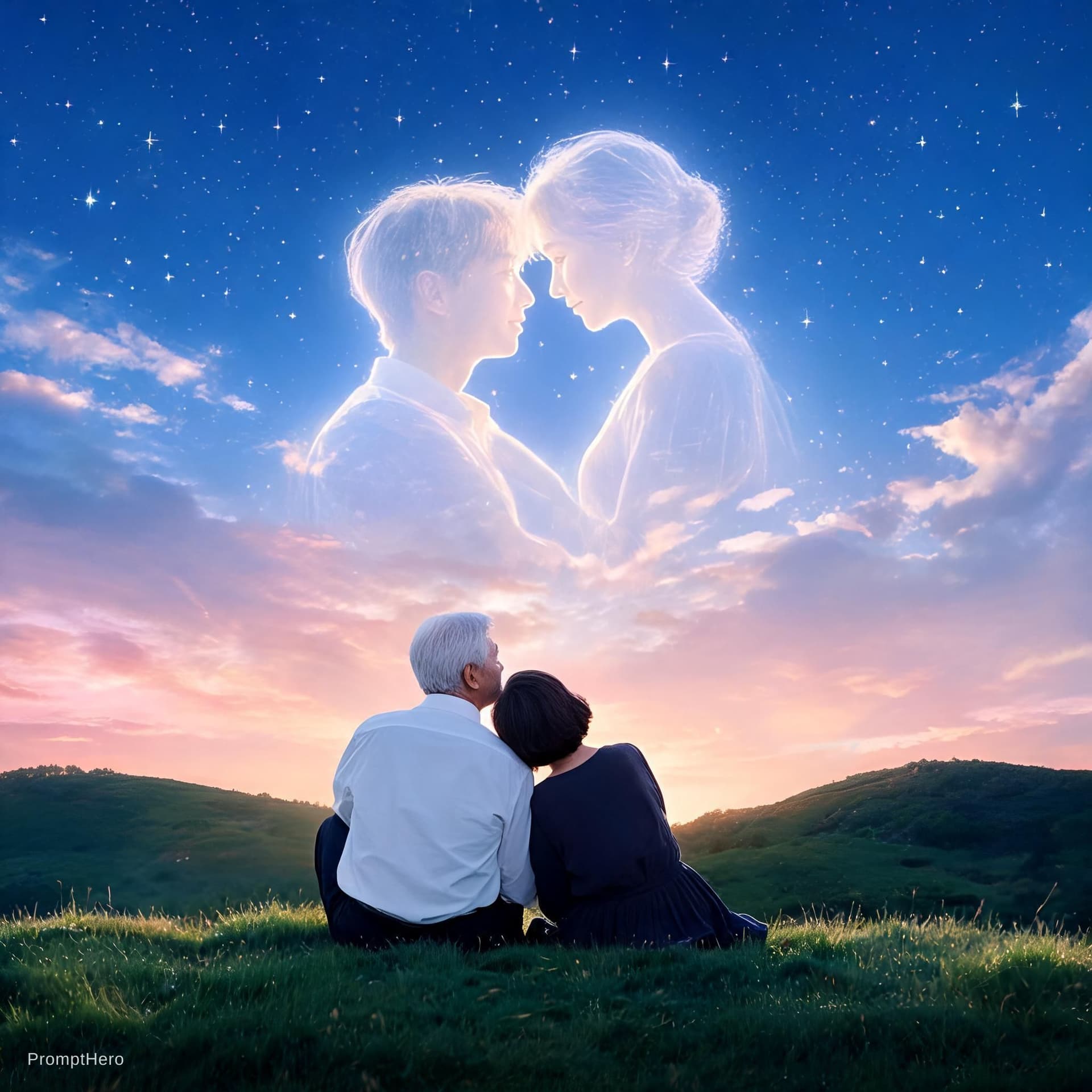 AI generated: A serene, dreamy night sky with glowing form of a couple in love, their heads gently touching ethere...