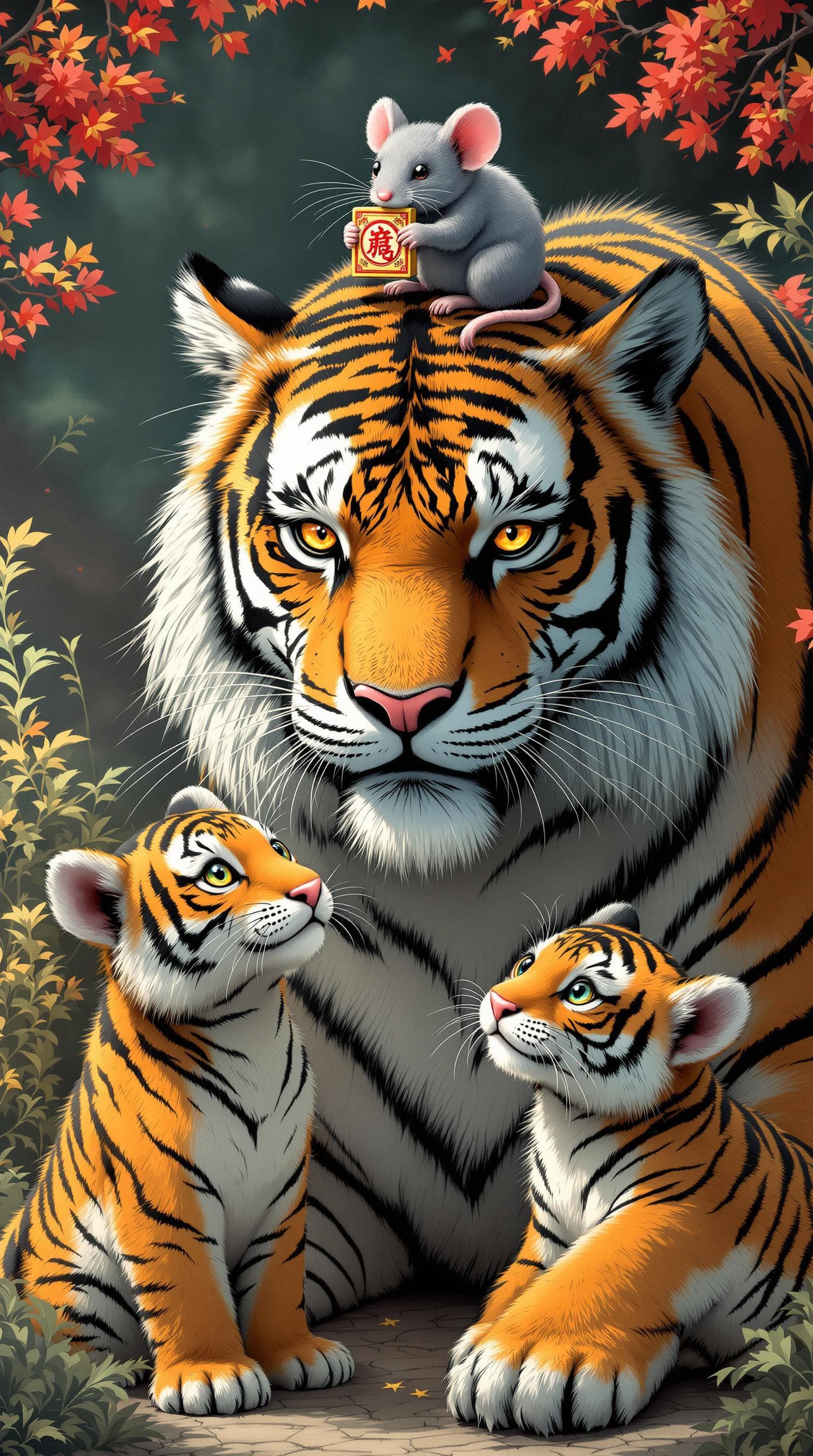 AI generated: a tiger and two tiger cubs, and a oversized mouse ,with a mouse on the tiger's head, the mouse holdi...
