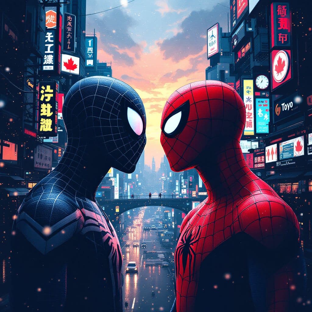 AI generated: create a prompt for an image of a upin & inpin and an spiderman facing each other in an tokyo city