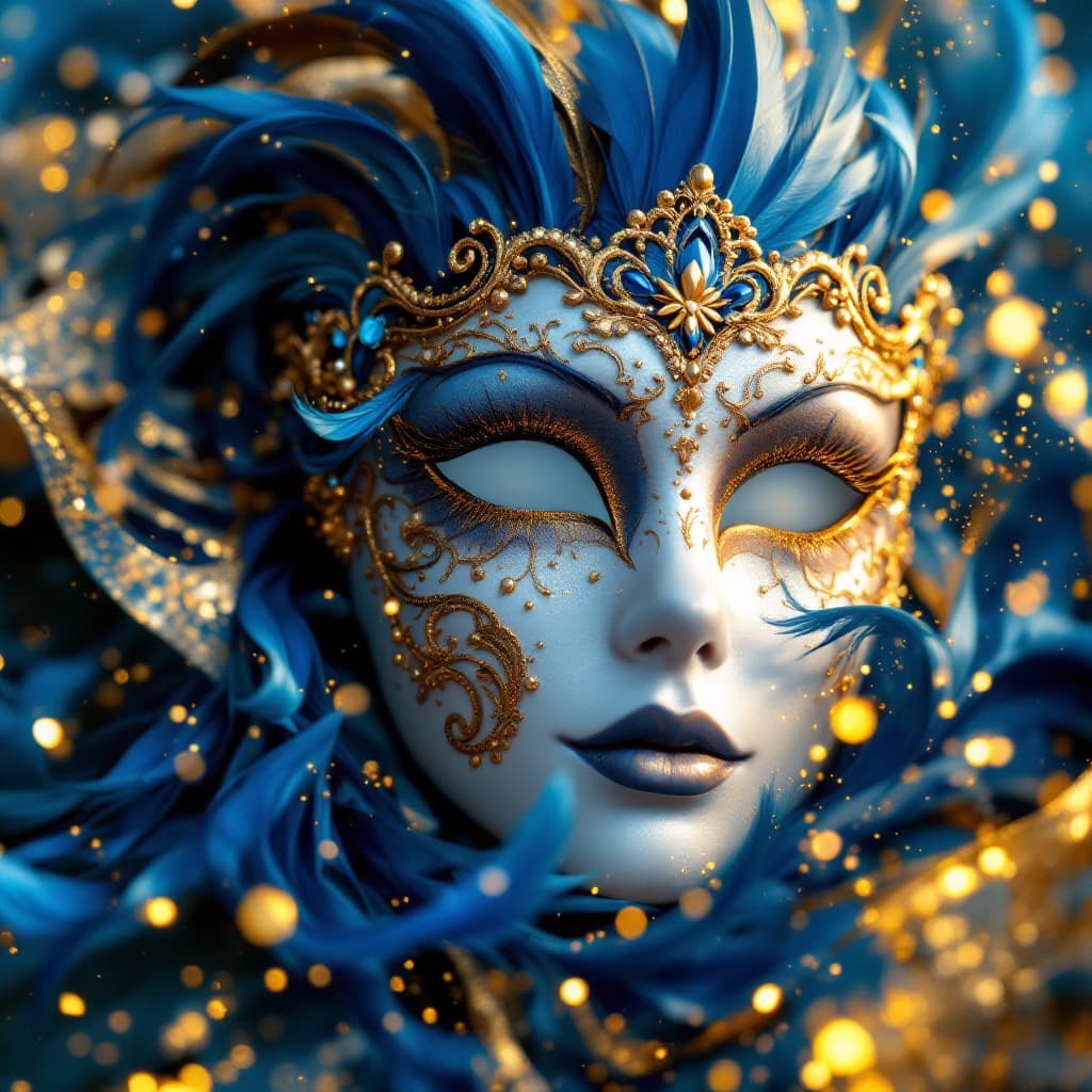 AI generated: Realistic luxury carnival mask with blue feathers. Abstract blurred background, gold dust, and light...