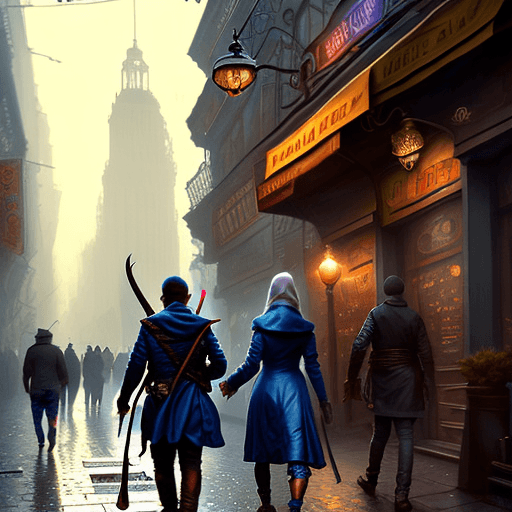 AI generated: D. Strange walk in a city of thieves with a (rogue thief) walking down the street, 8k, masterpiece, ...