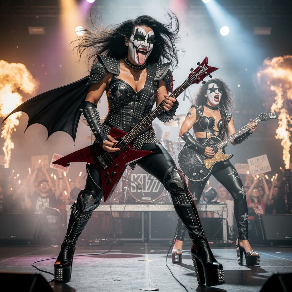 AI generated: A highly detailed, super photorealistic 8K image of an all-female rock band recreating the iconic KI...