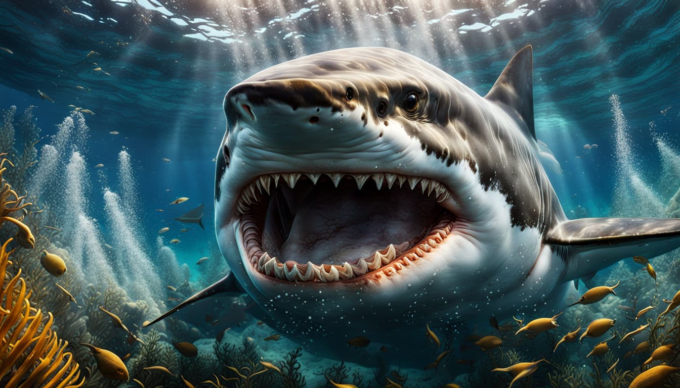 AI generated: underwater scenery and an insane realistic and dangerous wite shark opening its jaws at a camera