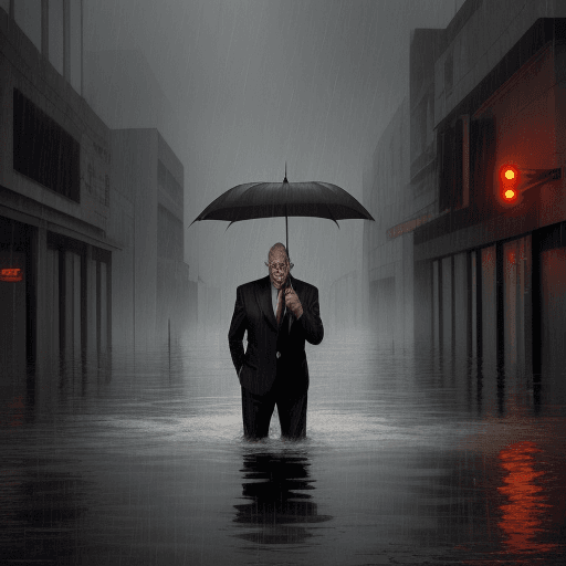 AI generated: Evil::2 ,old,Boss, in a rainstorm, swimming, flooding out, streets