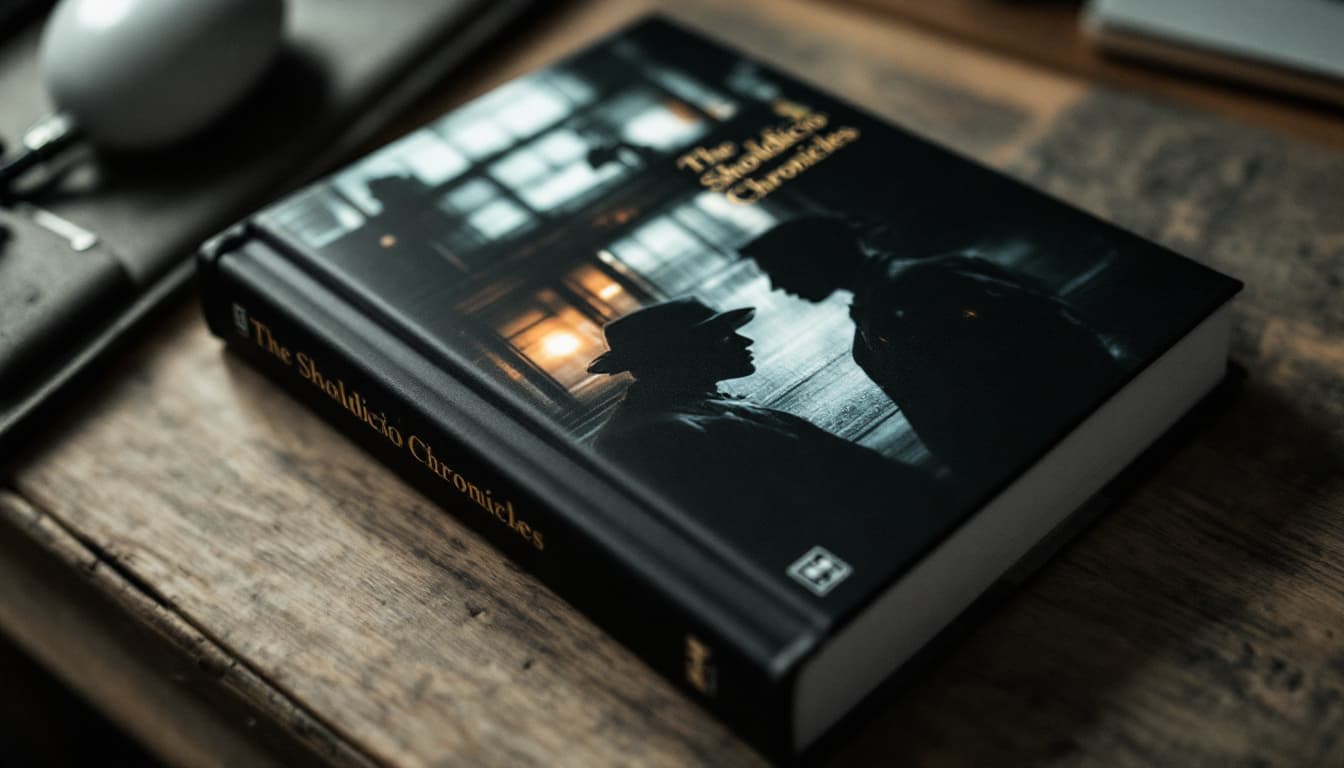 AI generated: A book on a desk with a film noir image on the cover. The name on the cover is "The Sholdicio Chroni...