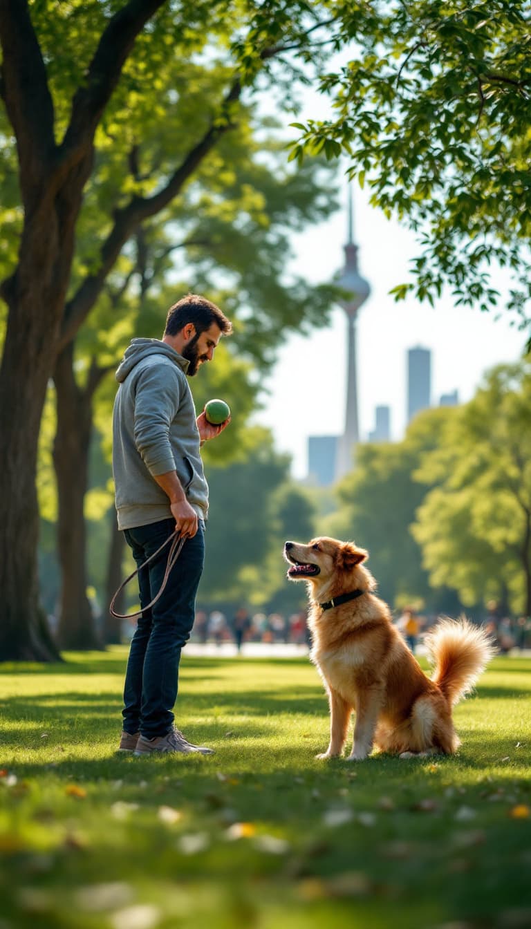 AI generated: A man is playing with his dog in a park in Tehran. He holds a ball in his hand, ready to throw it, w...