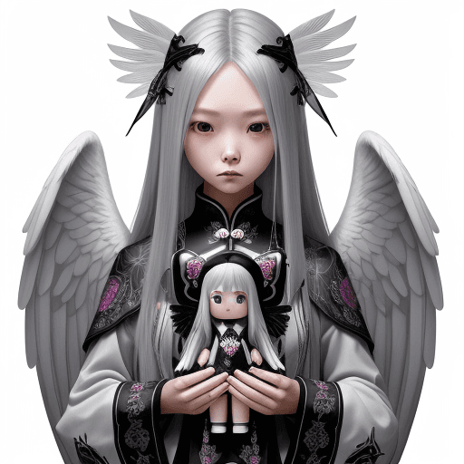 AI generated: A girl in Taiwan with long silver hair, mysterious and alluring, covered in strange symbols and patt...