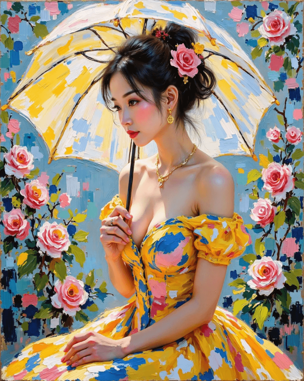 AI generated: A vibrant and romantic oil painting in a rich, modern Impressionist style. The artwork is characteri...