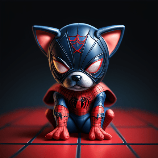 AI generated: Puppy with costum spiderman, elegant computer geek, chibi and real style, masterpiece, realistic pho...