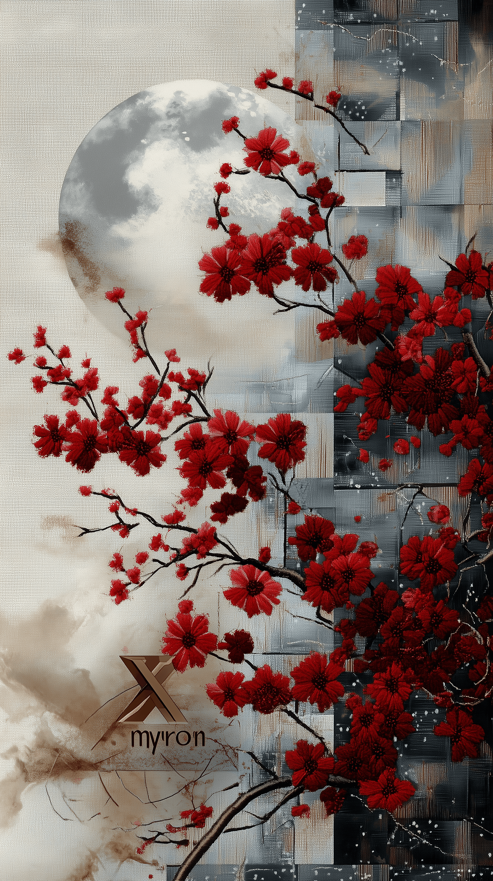 AI generated: A red blossom tree, a full moon, and silver and beige colors adorn a quilted background with geometr...