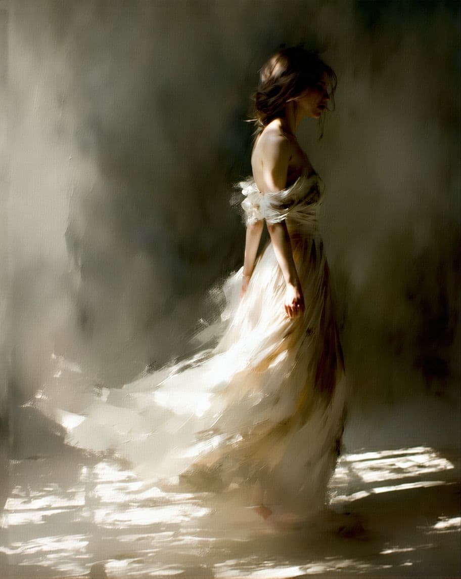 AI generated: Reimagine a figura elegante da fotografia como uma pintura impressionista ao estilo de Harriet Backe...