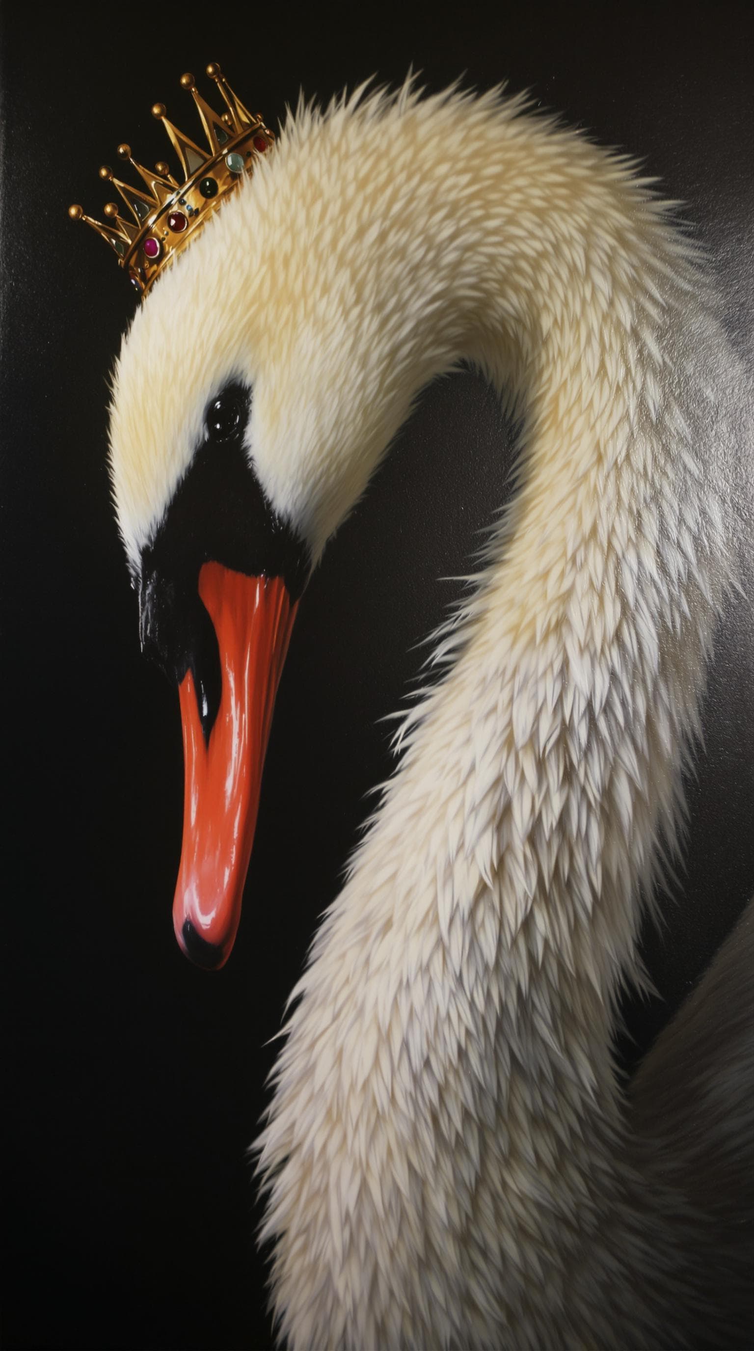 AI generated: surrealistic, realistic painting, royal portrait of a swan human hybrid, picture in picture, side vi...