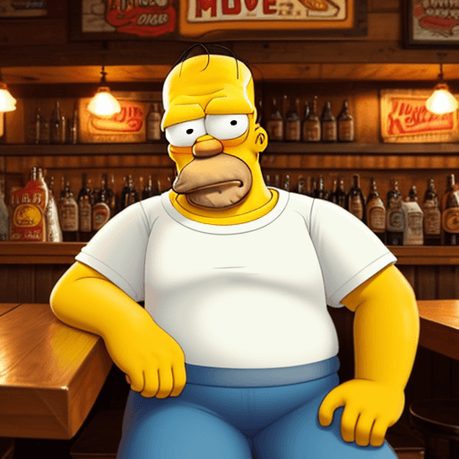 AI generated: homer simpson as a real person.he is sitting in moe's tavern drinking a beer