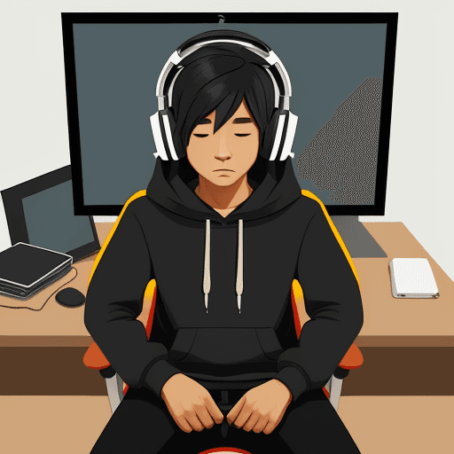 AI generated: Create character, sitting on chair at desk, looking at pc screen, wearing Hoodie and headphones, sim...