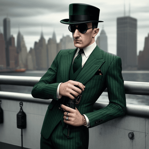 AI generated: Home Dressed in a Gucci suit, looking like a gangster, 1930's style, Mafia gangster plankton from sp...