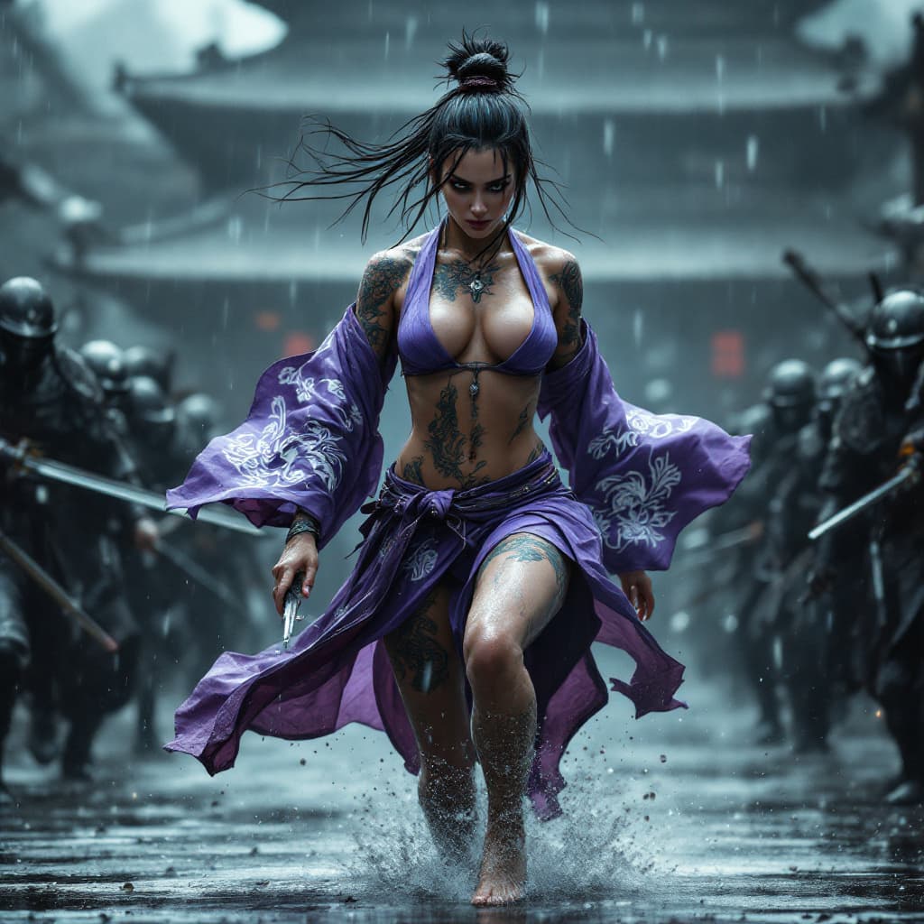 AI generated: Full body view of A Japanese female warrior with an incredible fit body is wearing a very short purp...