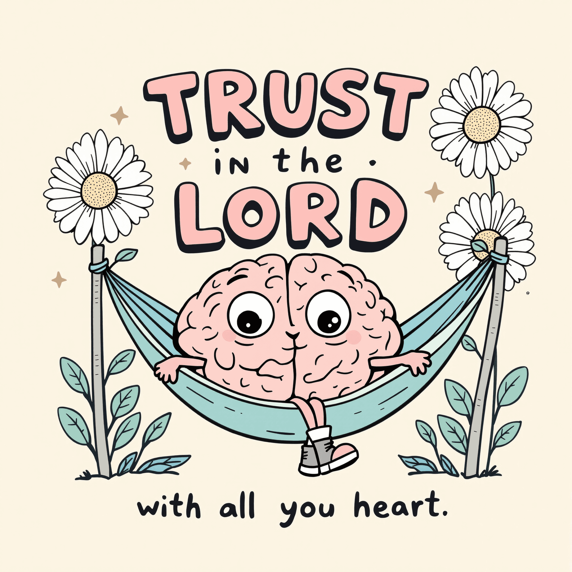AI generated: 
Cartoon brain character relaxing in a hammock between large daisies,  text "TRUST IN THE LORD" in a...